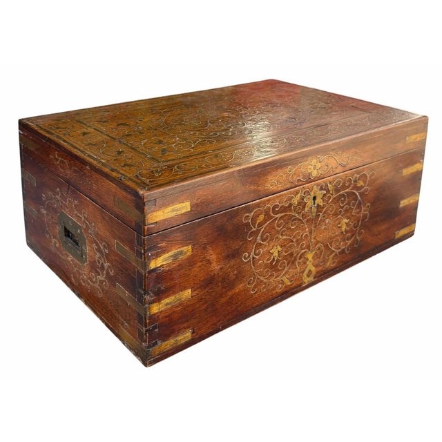 Antique Brass Inlaid Wooden Dressing Vanity Travel Box For Sale - Image 4 of 6