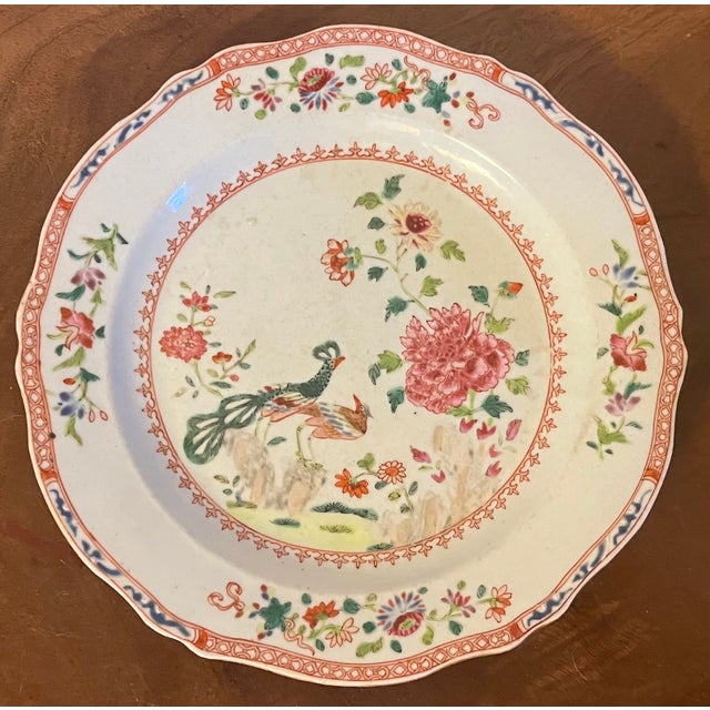 18th Century Antique 18th Century Chinese Export Famille Rose Porcelain Plates in the Twin Peacock and Peony Pattern - A Pair For Sale - Image 5 of 12