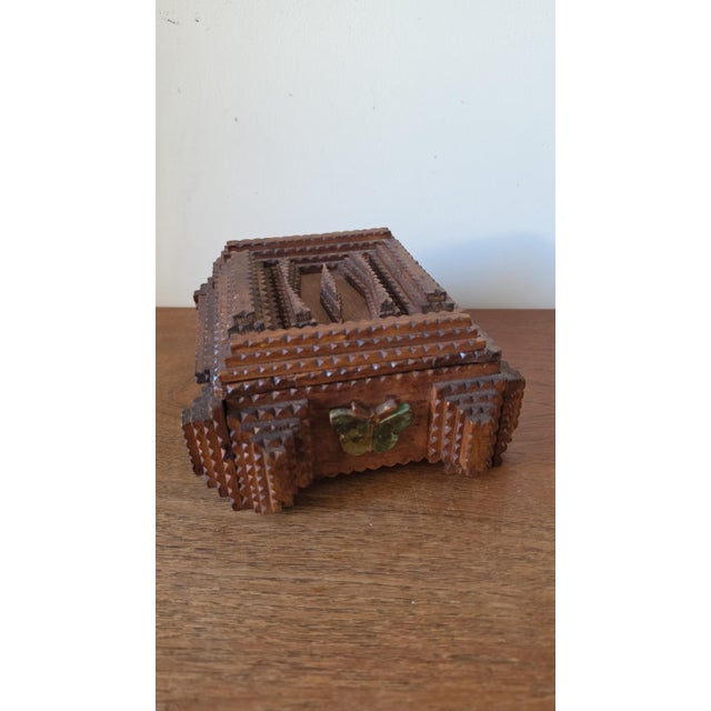 Vintage Tramp Art Wooden Box, Hand Carved Folk Art Jewelry Box, Layered Chip Carved Rustic Storage Box, Primitive Decor For Sale - Image 4 of 9
