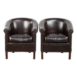 English-Style Dark Cowhide Club Armchairs, Set of 2 For Sale