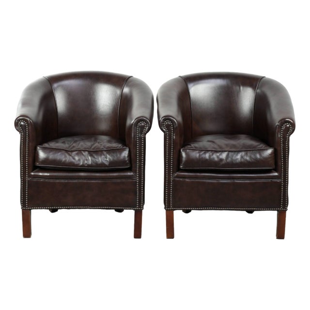 English-Style Dark Cowhide Club Armchairs, Set of 2 For Sale