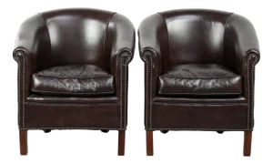 English-Style Dark Cowhide Club Armchairs, Set of 2