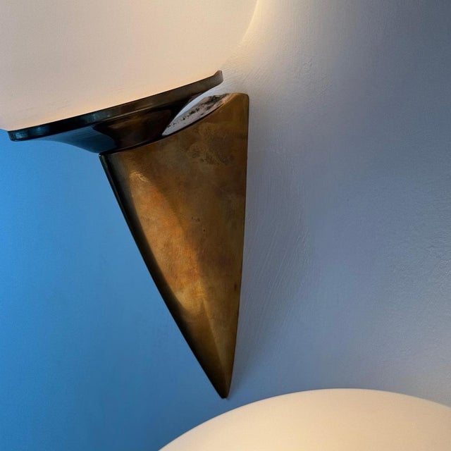 Glass Italian Lancia Wall Sconces in Brass and Opaline Glass from Stilux Milano, 1960s,Set of 4 For Sale - Image 7 of 13