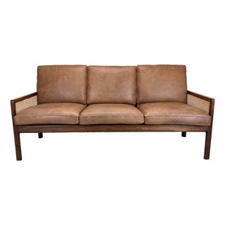Mid Century Danish Modern Rosewood, Cane & Leather Sofa Attributed to Bernt Petersen For Sale