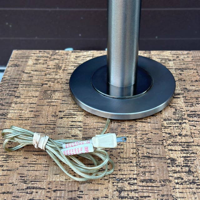 Silver Mid-Century Modern Brushed Nickel Cylindrical Double Socket Table Lamp Attributed to Nessen For Sale - Image 8 of 12