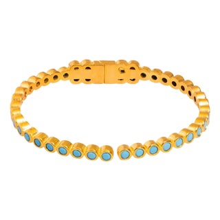 Turquoise Gemstone & Gold Dainty Bangle Bracelet For Sale