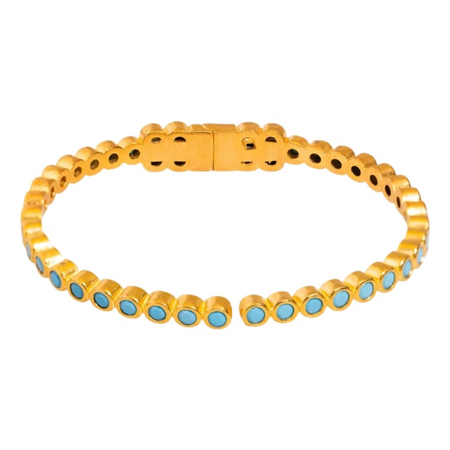 Turquoise Gemstone & Gold Dainty Bangle Bracelet For Sale