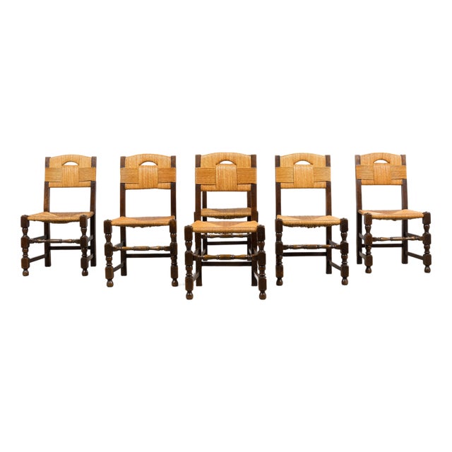 Antique French Provincial Oak Rush Seat Dining Chairs - Set of 6 For Sale
