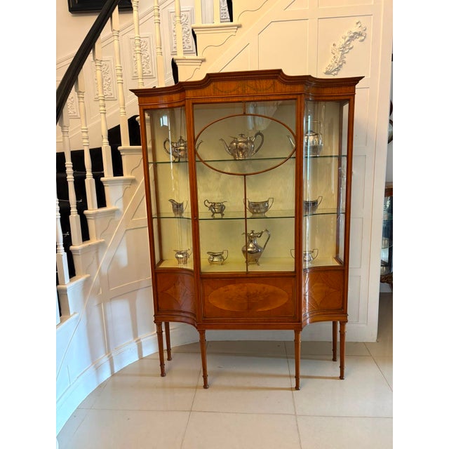 Antique Victorian Satinwood Inlaid Bow Front Display Cabinet, 1890 For Sale - Image 3 of 18