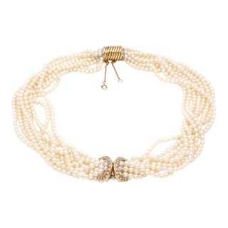 1980s Vintage Cartier 18k Yellow Gold Diamond Multi Strand Pearl Necklace For Sale