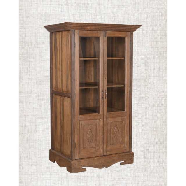 1930s Antique Indian Arched Armoire | Vintage Teak Wood Cabinet | Glass Display Cabinet | Rustic Home Decor For Sale - Image 5 of 6