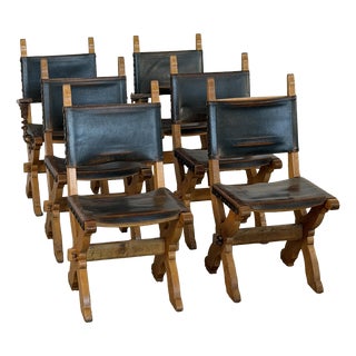 Brutalist Dutch Oak and Leather X-Frame Chairs by Bram Sprij, 1960s, Set of 6 For Sale