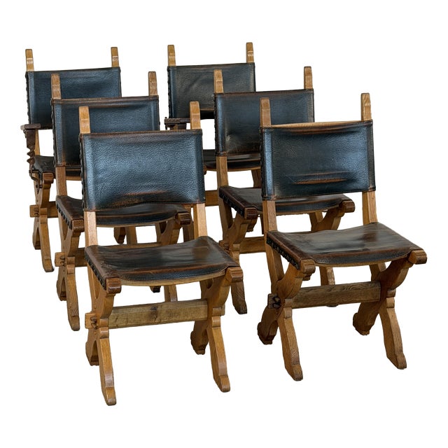 Brutalist Dutch Oak and Leather X-Frame Chairs by Bram Sprij, 1960s, Set of 6 For Sale