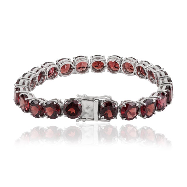 Contemporary 925 Sterling Silver Round 52.45 Ct Red Garnet Tennis Bracelet Everyday Luxe Style For Sale - Image 3 of 14