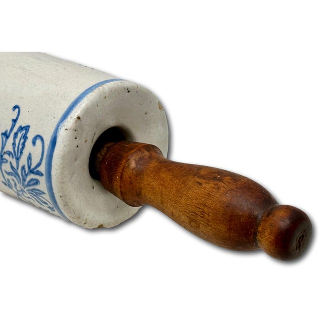 Cornflower Blue Unusual Antique American Wood Handle Stoneware Kitchen Rolling Pin With 4 Blue Wildflower Decorations For Sale - Image 8 of 16