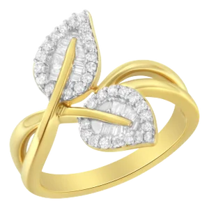 10K Yellow Gold 3/8 Cttw Round and Baguette-Cut Diamond Leaf Cocktail Ring - Size 7 (I-J Color, I1-I2 Clarity)