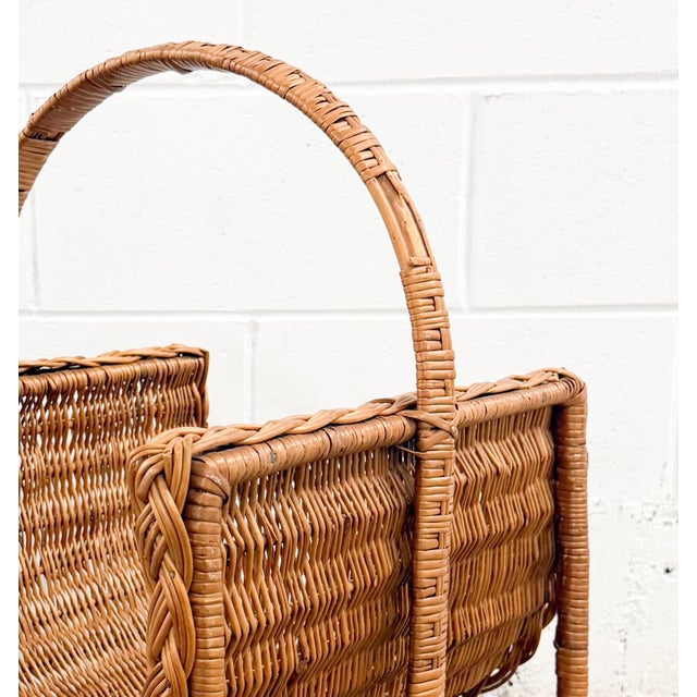 Vintage Wicker Footed Basket With Braided Edge Firewood and Magazine For Sale - Image 4 of 8