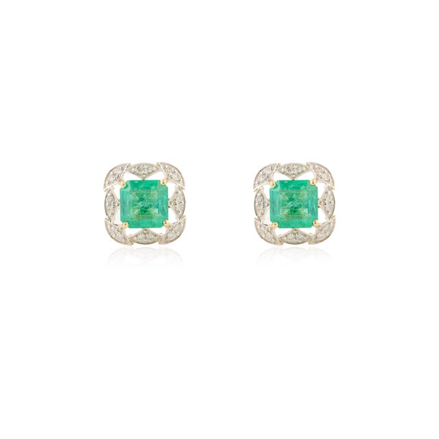 Modern 3.18 Ct Emerald & Diamond Statement Stud - a Pair For Sale - Image 3 of 11
