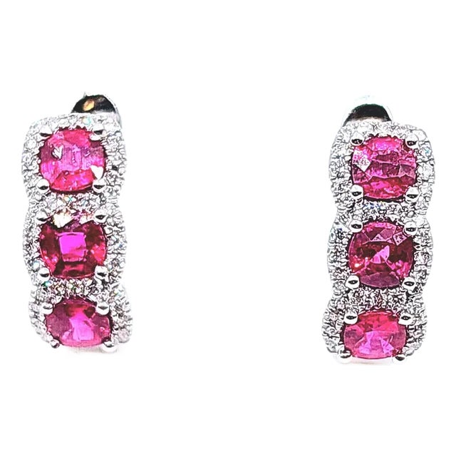 2.15 Ct Natural Ruby & Diamond Huggies, A Pair For Sale