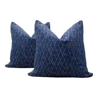 Navy and White Quilted Sofa Pillows - A Pair For Sale