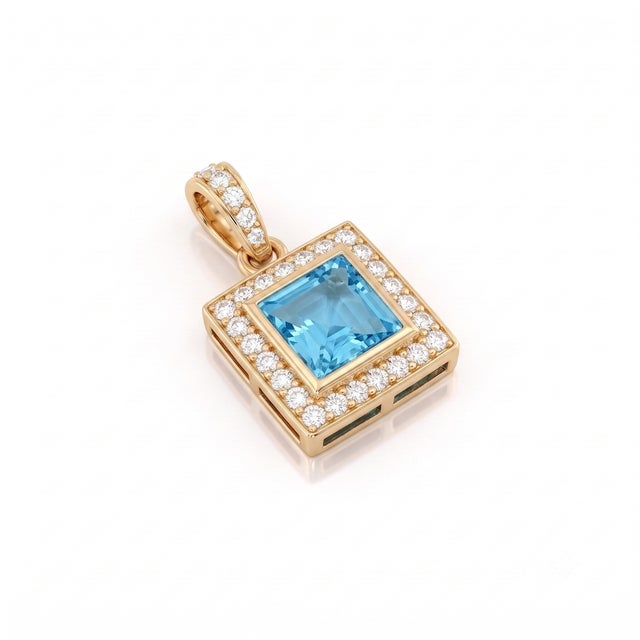This vibrant pendant showcases a stunning square-cut blue topaz at its center, prized for its clear, oceanic hue and...