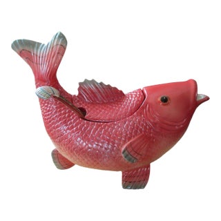Vintage Fitz and Floyd Salmon Koi Fish Market Tureen With Lid and Seashell Ladle Euc For Sale