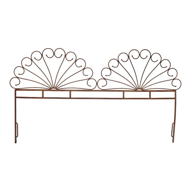 Vintage French Country Double Peacock Style Metal King Headboard Bronze Colored For Sale