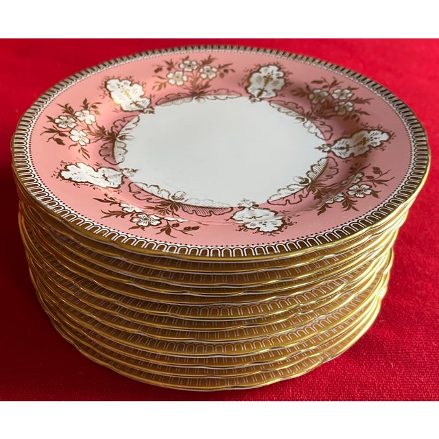 Aynsley Pink & Gold Foliage English Bone China Porcelain 8 3/8" Plates - Set of 12 For Sale - Image 10 of 11