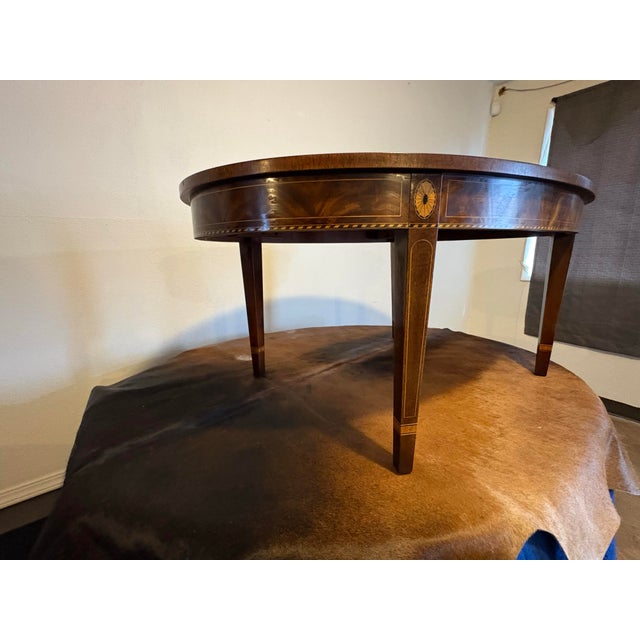 Chestnut Stickley Traditional Oval Hepplewhite Coffee Table With Intricate Inlay, Mahogany and Various Other Exotic Woods For Sale - Image 8 of 8