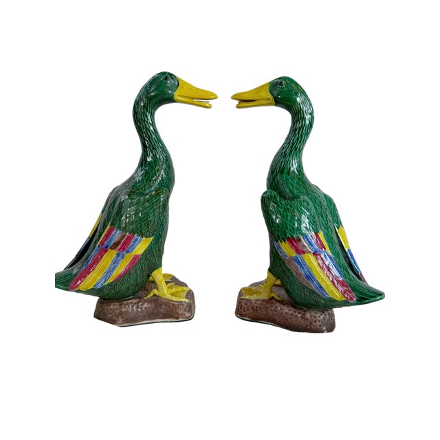 Mid 20th Century Chinese Export Hand-Painted Polychrome Ceramic Mallard Ducks - A Pair For Sale - Image 4 of 10