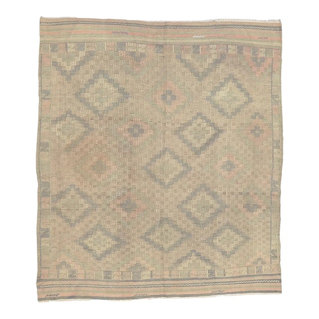 Mid 20th Century Mid 20th Century Washed Out Vintage Embroidered Kilim For Sale