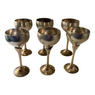 Vintage Brass & Silverplate Wine Glasses Goblets Chalice Cups - Set of 6 For Sale