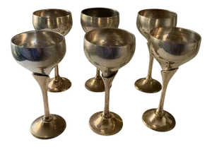 Vintage Brass & Silverplate Wine Glasses Goblets Chalice Cups - Set of 6