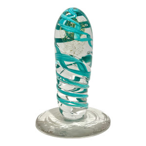 Signed Stephen Rich Nelson Studio Art Glass Sculpture 1990 Turquoise Ribbon Aventurine Bubble Glass Paperweight 10.5”