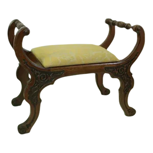 Early 20th Century Handsome Heavily Carved Solid Oak Jacobean Window Bench With Yellow Upholstery