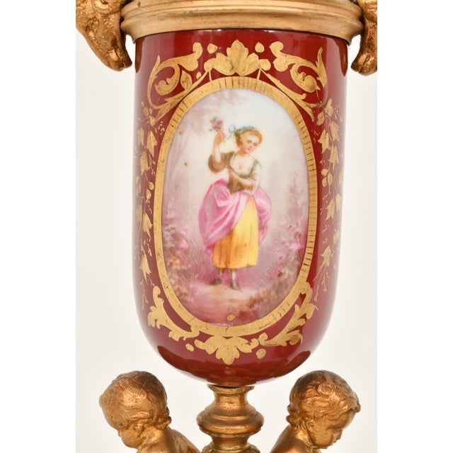 Antique French Gilt Bronze & Porcelain Three-Piece Figural Clock Garniture For Sale - Image 10 of 13