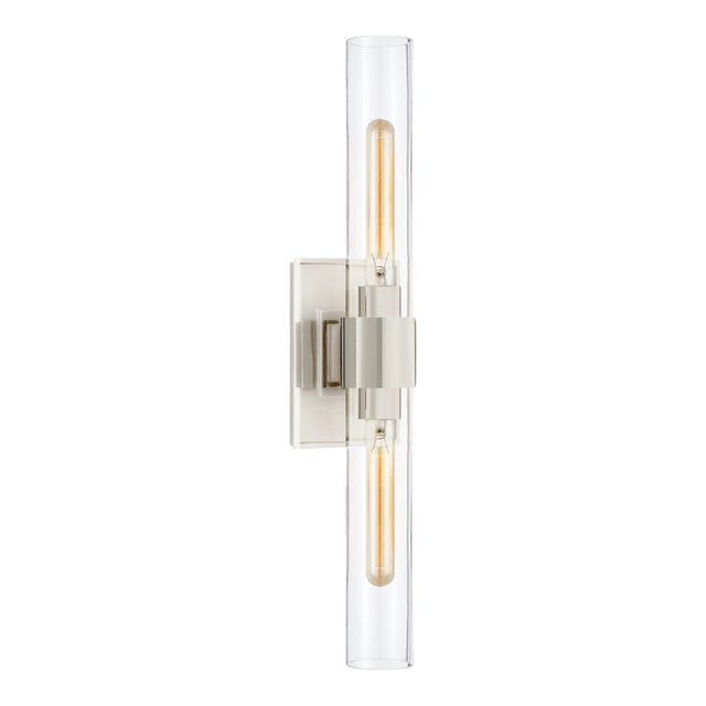 Ian K. Fowler for Visual Comfort Signature Presidio Petite Double Sconce in Polished Nickel with Clear Glass For Sale