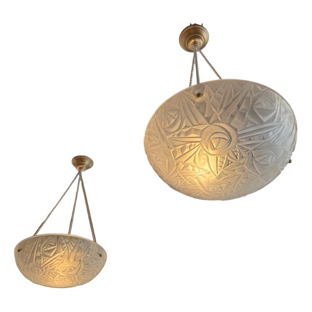 Art Deco Pendant Lights with Electrified Cords from Verrerie D'art Degué, 1930s, Set of 2 For Sale