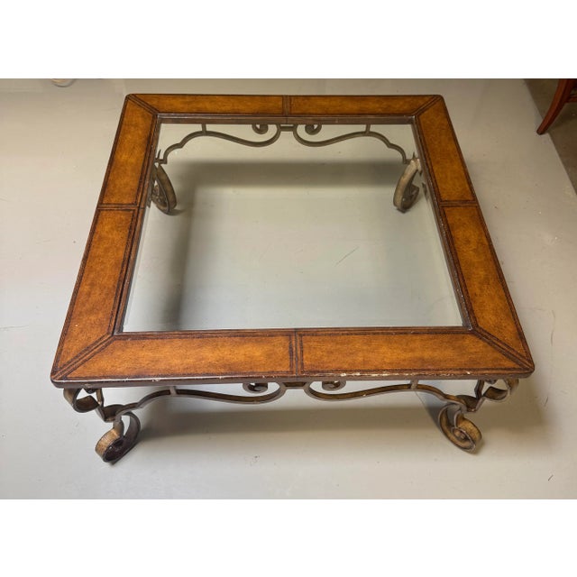 Thomasville 1990s Vintage Thomasville Leather, Iron, & Glass Top Coffee Table For Sale - Image 4 of 8
