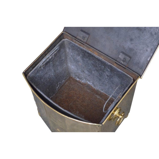 Art Deco brass log or coal bin with original removable linker, carrying handles and bun feet. Cleaned, polished and ready...