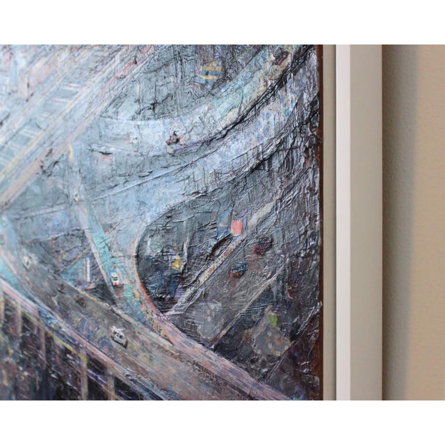 Abstract A Level of Organization by Josh George | Mixed media on wood panel Cityscape with highways and buildings For Sale - Image 3 of 5