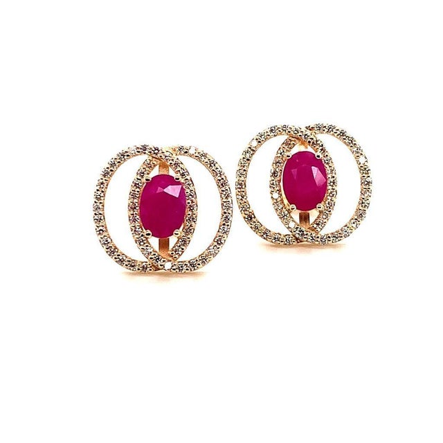 Diamond Ruby Stud Earrings 14 Karat Yellow Gold 2.41 TCW Certified For Sale - Image 4 of 17