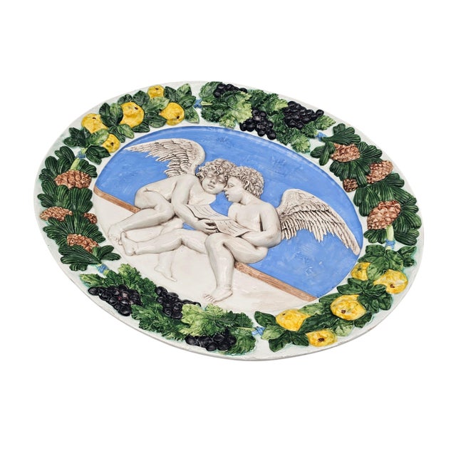Italian Della Robbia Style Angels Oval Wall Platter 19.5" Glazed Relief Fruit For Sale - Image 11 of 14