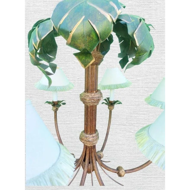 Metal Monumental Sized 6 Light Giant Palm Leaf Tropical Regency Chandelier With Fringe Shades For Sale - Image 7 of 8