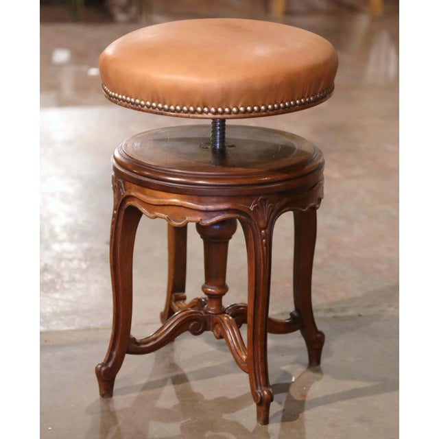 Wood 19th Century French Louis XV Walnut and Leather Adjustable Piano Stool For Sale - Image 7 of 9