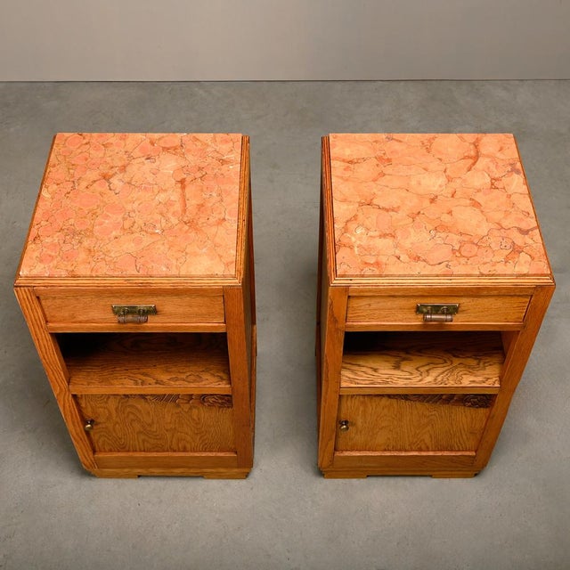 French Art Deco Oak and Marble Nightstands, 1930s, Set of 2 For Sale - Image 9 of 15