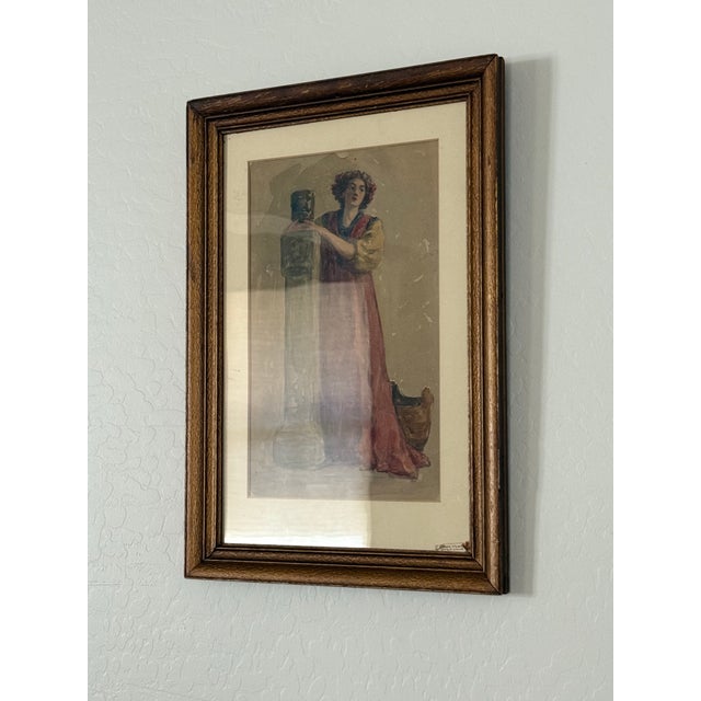 Antique Watercolor Classical Woman Art Nouveau Style Signed Framed Under Glass Original Art 21”t X 14.75”w For Sale In Phoenix - Image 6 of 12