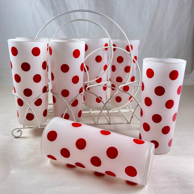 Hazel-Atlas Red Polka Dot Highball Glasses in Caddy, S/8 For Sale - Image 9 of 12