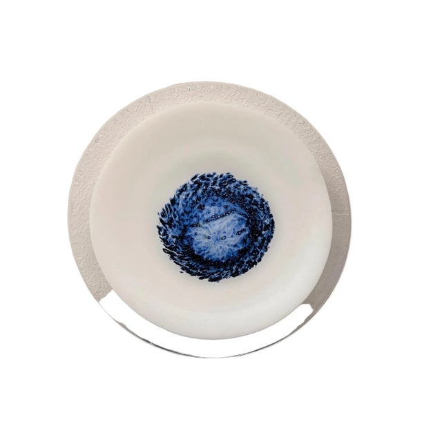 An Italian 80s vintage milk glass decorative dish, a centerpiece in a unique decoration blue and white. Italy, Circa 1980's.