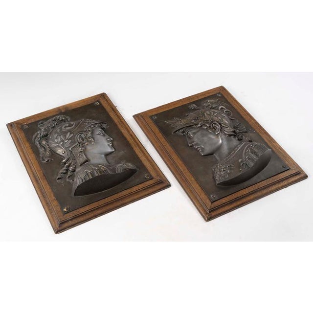 Patinated Metal Bas-Reliefs on Wooden Display Stand, 1800s, Set of 2 For Sale - Image 9 of 11
